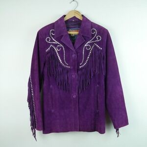 Cripple Creek Purple Suede Fringe Rhinestone Western Cowgirl Jacket Vintage M